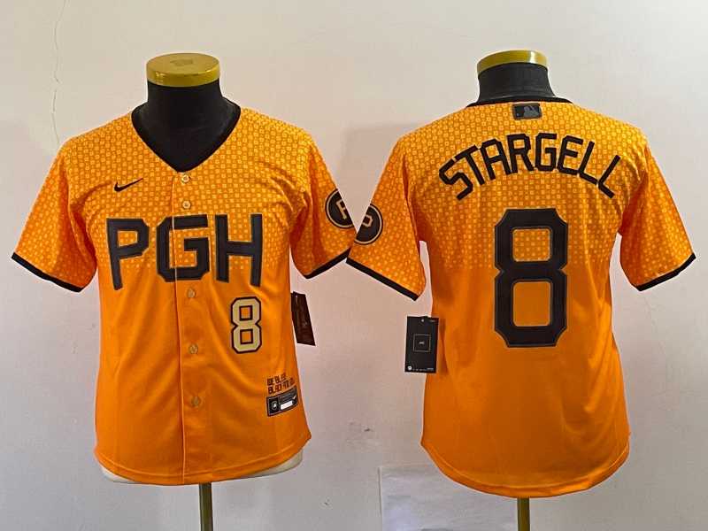 Youth Pittsburgh Pirates #8 Willie Stargell Number Yellow 2023 City Connect Stitched Jersey1->mlb youth jerseys->MLB Jersey